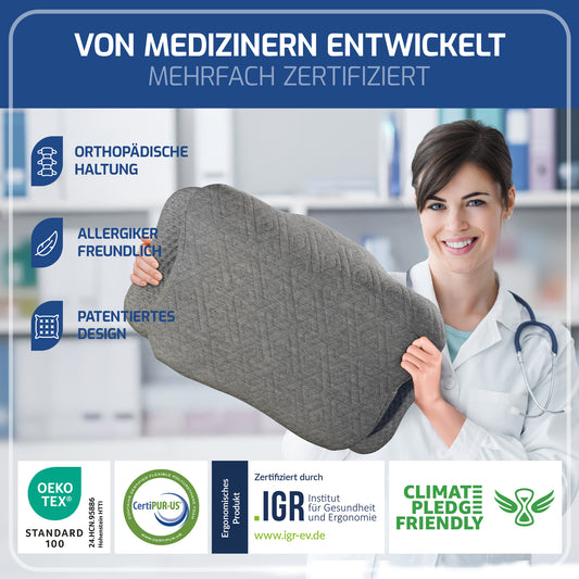 ERGONOMISCHES KOPFKISSEN - IGR zertifiziertes Nackenstützkissen für Seitenschläfer & Rückenschläfer – WOLKENBLUME MF1 grau