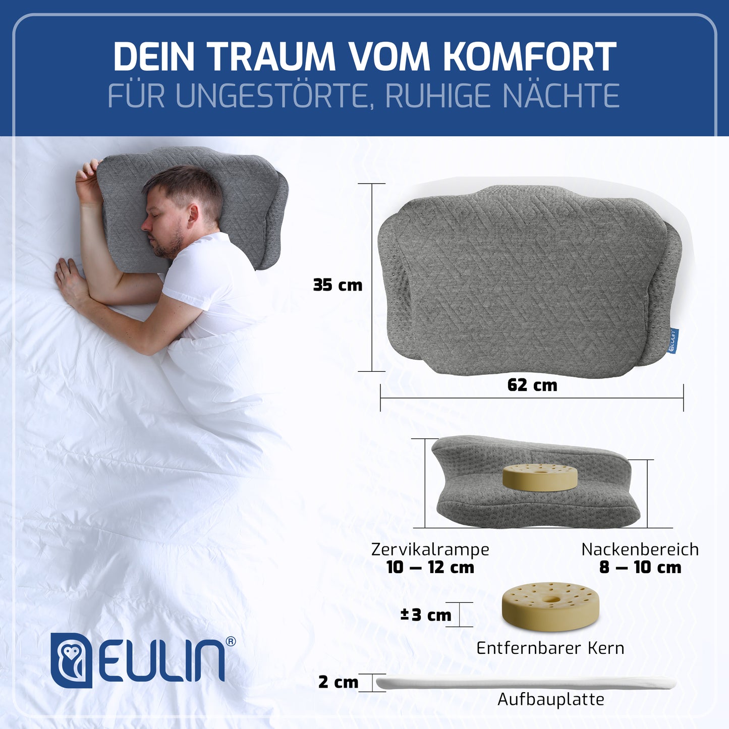 ERGONOMISCHES KOPFKISSEN - IGR zertifiziertes Nackenstützkissen für Seitenschläfer & Rückenschläfer –  WOLKENBLUME MF1 grau