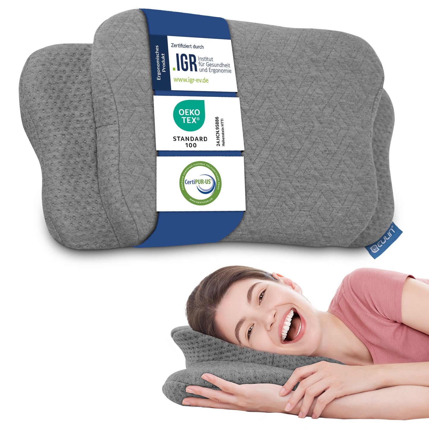 ERGONOMISCHES KOPFKISSEN - IGR zertifiziertes Nackenstützkissen für Seitenschläfer & Rückenschläfer –  WOLKENBLUME MF1 grau